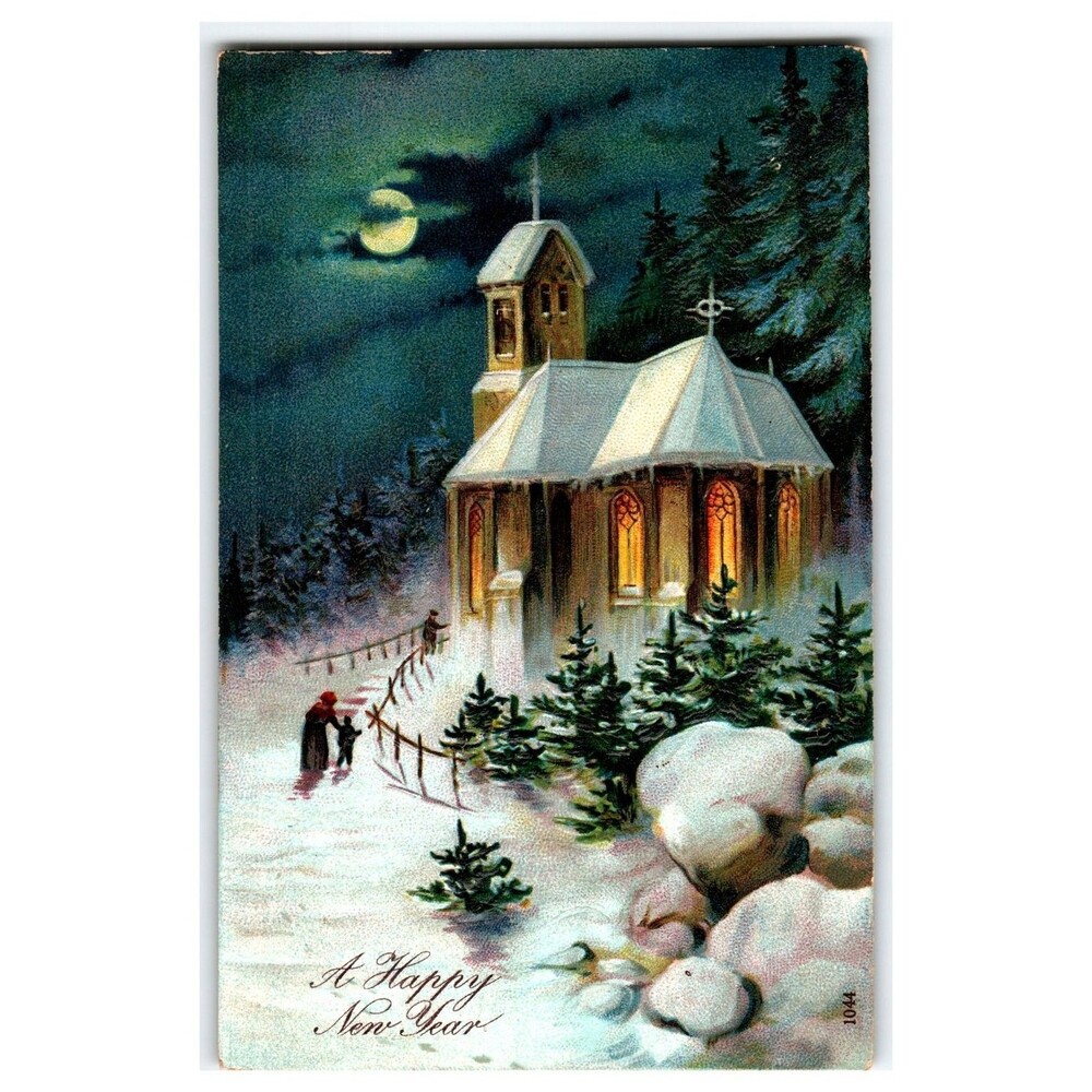 Vintage New Year Postcard Winter Church Snow Moonlight Scene Germany 1910s